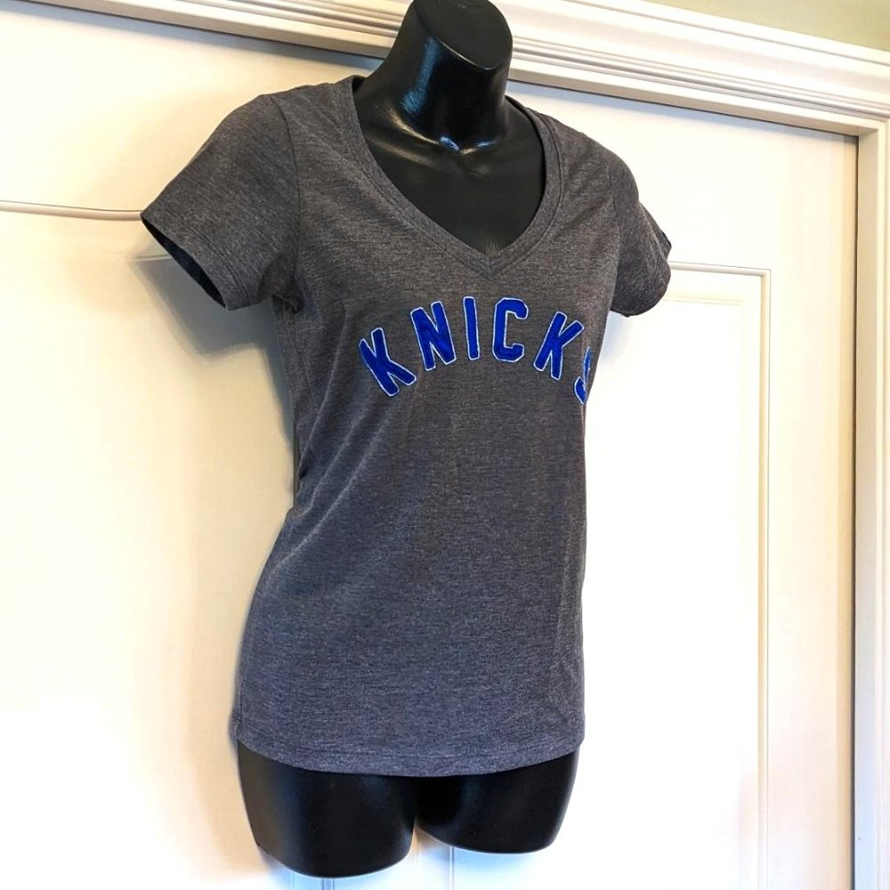 Classic Women's Official Knicks V-Neck T-shirt with Patch Lettering, Size Small